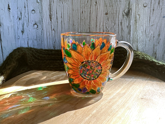 Hand-Painted Sunflower Glass Mug: Stained Glass Style Flower Gift