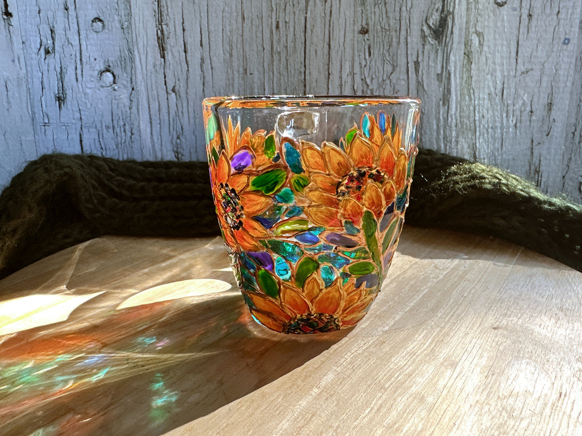 Hand-Painted Sunflower Glass Mug: Stained Glass Style Flower Gift