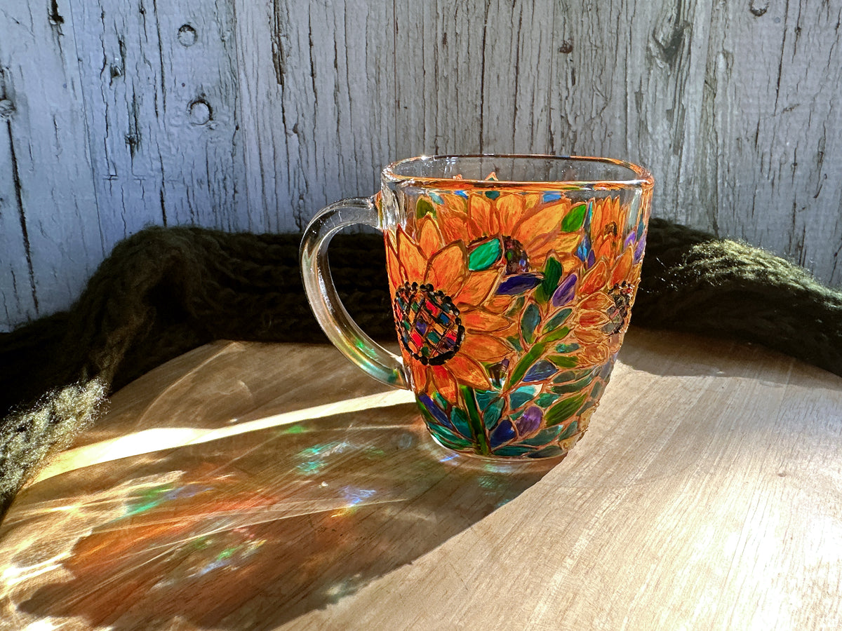 Hand-Painted Sunflower Glass Mug: Stained Glass Style Flower Gift