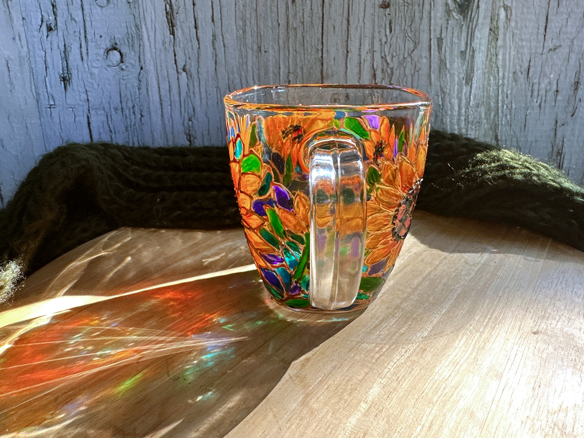 Hand-Painted Sunflower Glass Mug: Stained Glass Style Flower Gift