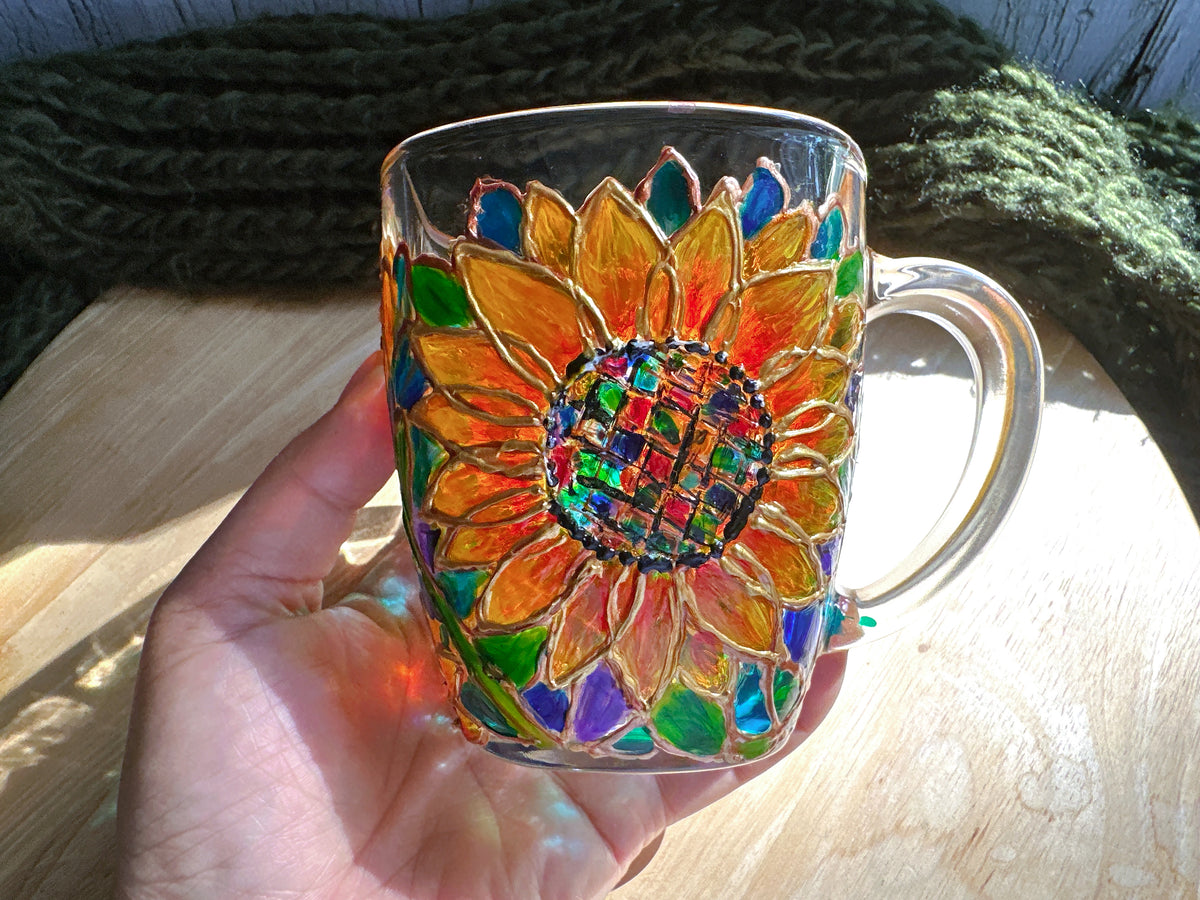 Hand-Painted Sunflower Glass Mug: Stained Glass Style Flower Gift