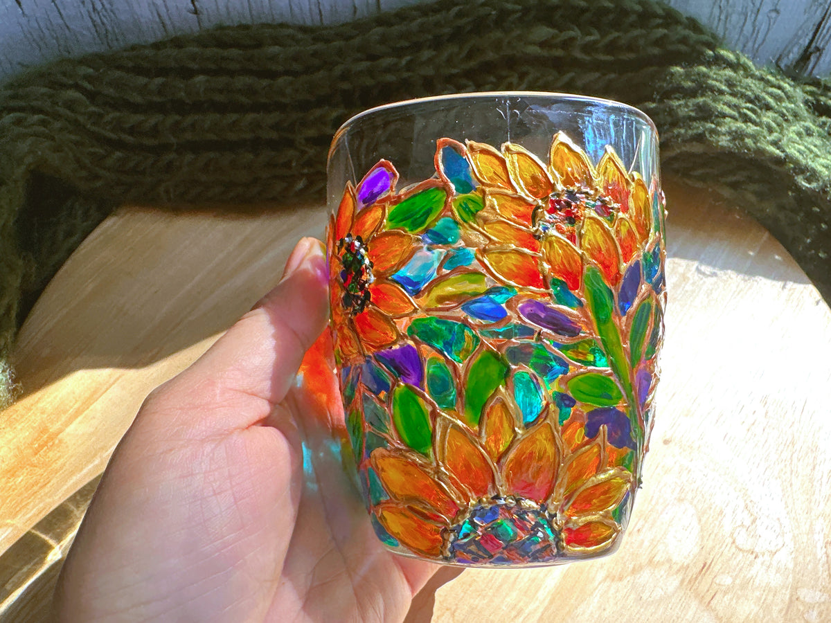 Hand-Painted Sunflower Glass Mug: Stained Glass Style Flower Gift