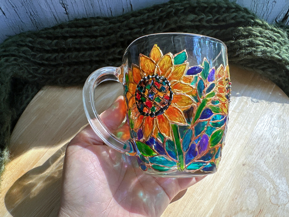 Hand-Painted Sunflower Glass Mug: Stained Glass Style Flower Gift