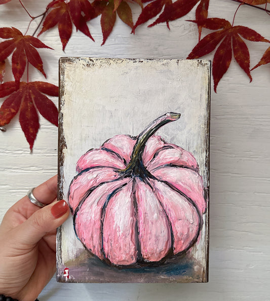 Pink Pumpkin Painting on Wood, 5.5x8"