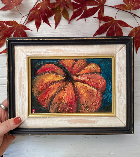Framed Pumpkin Painting, 5x7 Original Fall Art
