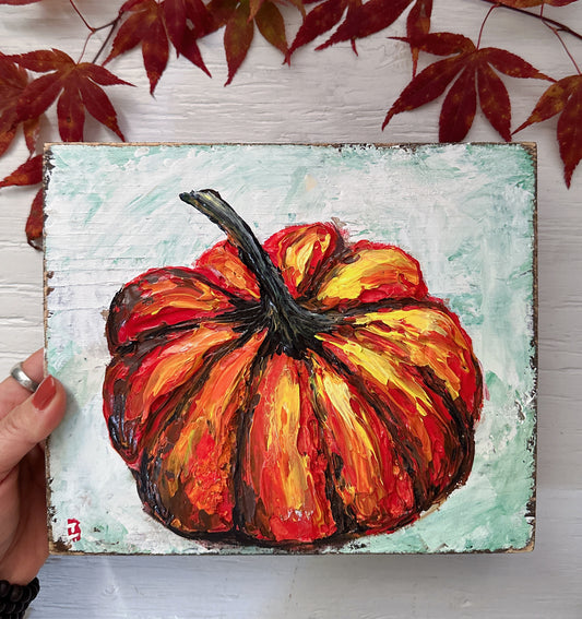 Orange Pumpkin Painting on Wood, 9.25x8"
