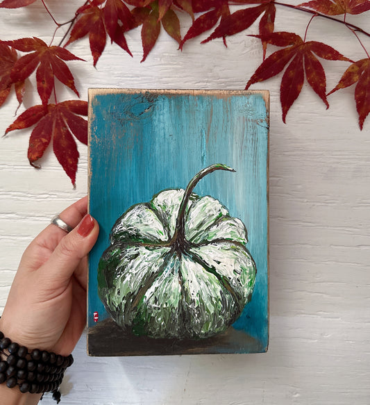White Pumpkin Painting on Blue Wood, 5.5x8"
