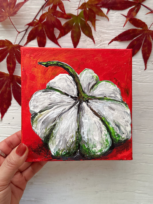 White Pumpkin Painting on Red, 6x6" Canvas