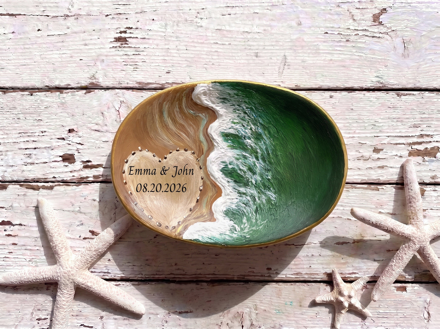 Hand Painted Beach Wedding Ring Dish, Gift for Couple