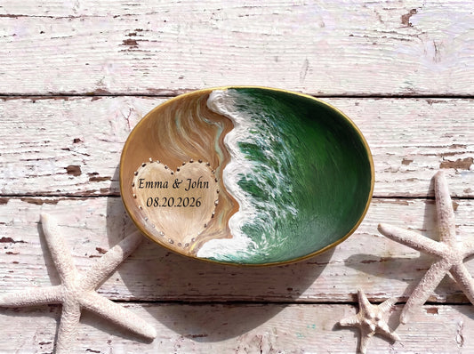 Hand Painted Beach Wedding Ring Dish, Gift for Couple