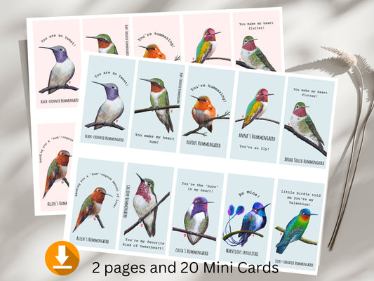 Digital Download 20 Mini Hummingbird Valentines Card