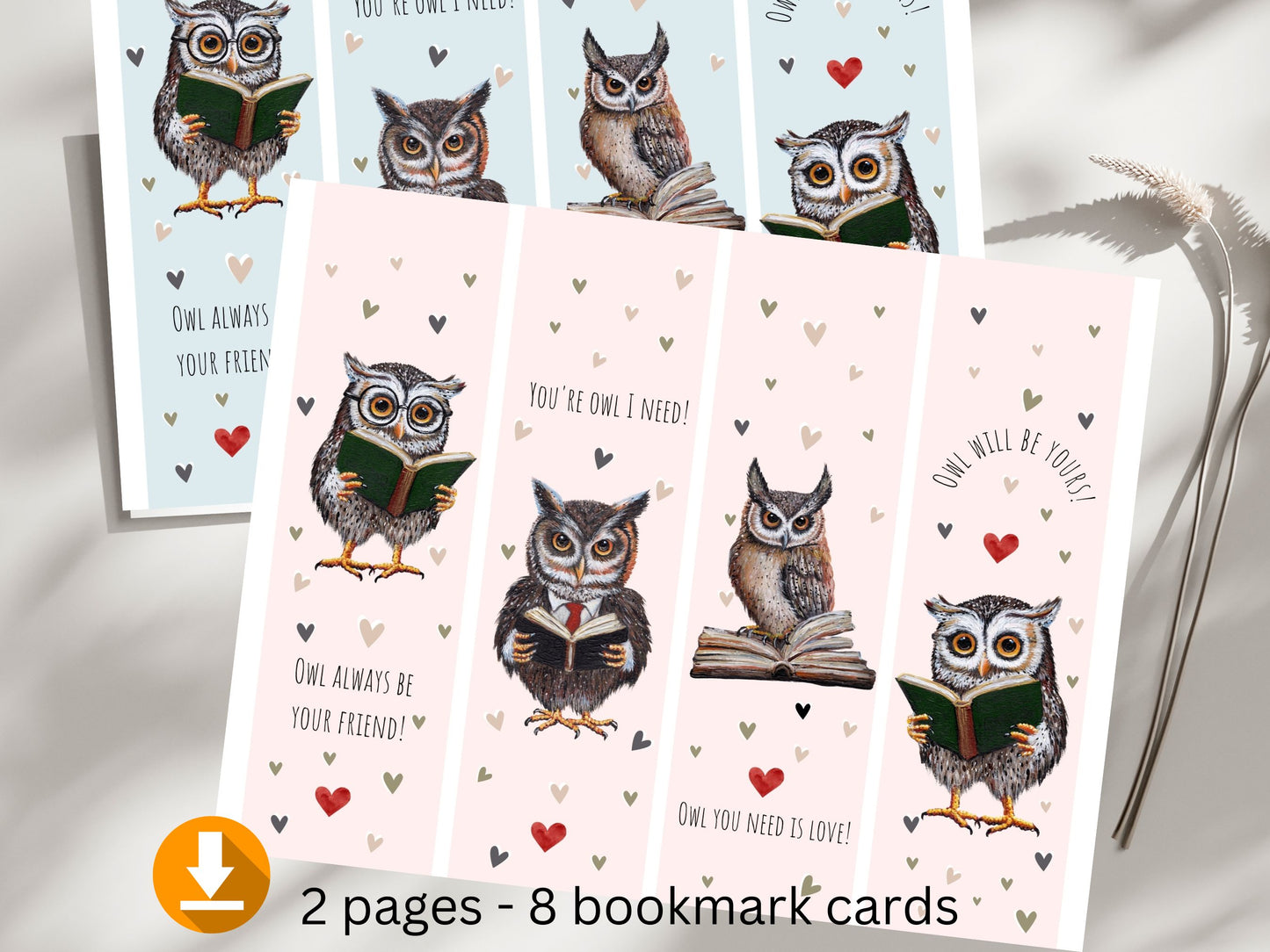 Digital Download 8 Owl Valentines Bookmark