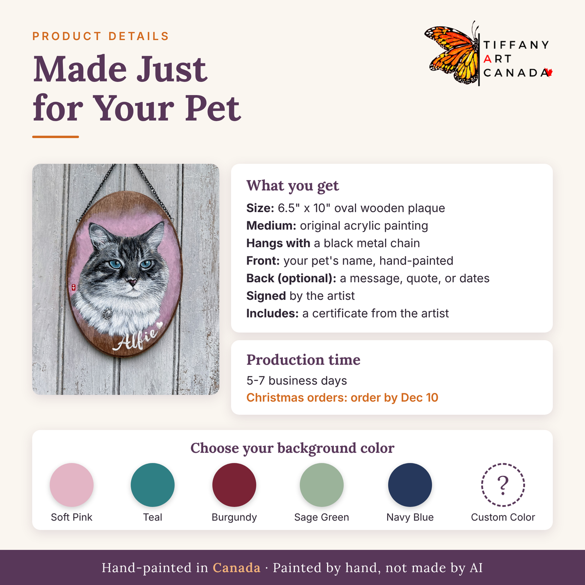 Cat portrait plaque details: 6.5 x 10 inch walnut oval, black chain, name on front, optional back message
