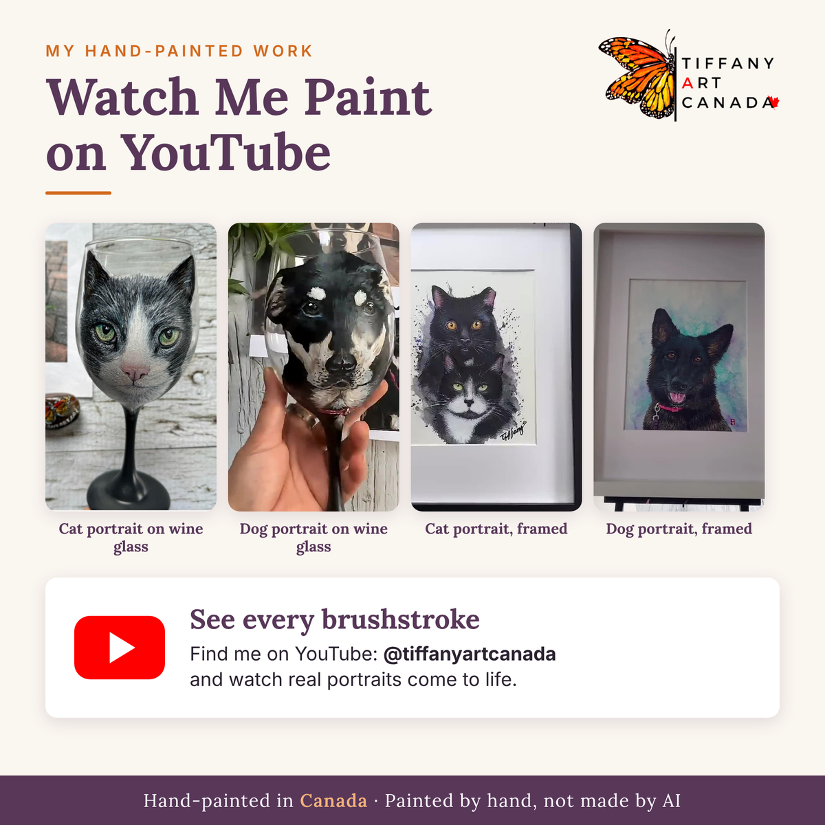Real hand-painted pet portraits by artist Tiffany Art Canada, from her YouTube channel