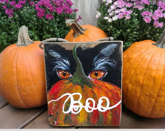 Black Cat Boo Sign, Halloween Pumpkin Painting on Wood