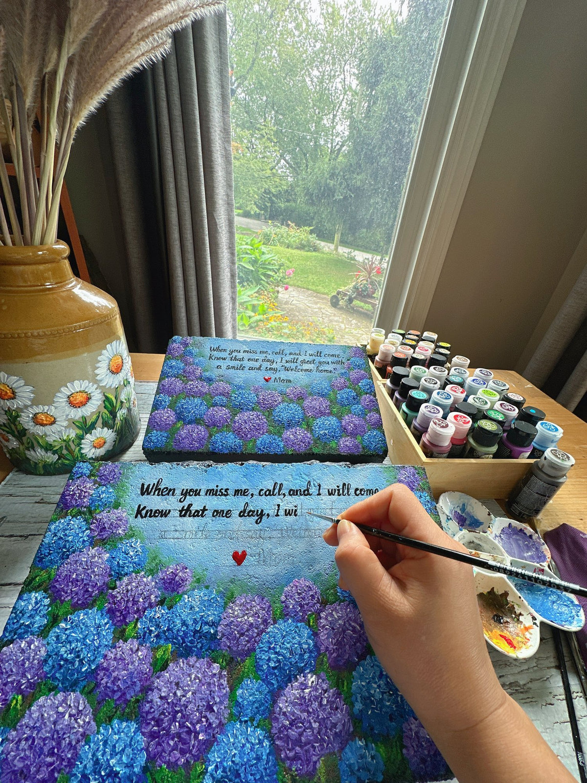 Hand Painted Hydrangea Memorial Stone, Sympathy Garden Gift 7.5x12"