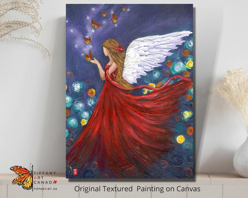 Original Red Dressed Angel Painting on Canvas