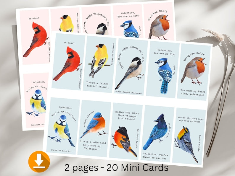 Set of 20 Mini Bird Valentines Cards for School Kids (Digital Download)