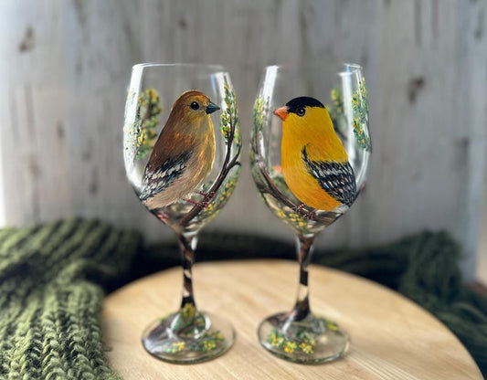 Hand Painted American Goldfinch Couple Wine Glass