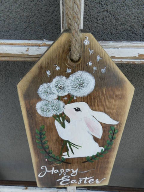 Easter Bunny Painting on Wood, Easter Decoration, Easter Wood Sign, Easter Door Decor, Spring Bunny Gift, Spring Decor, Bunny Lover Gift
