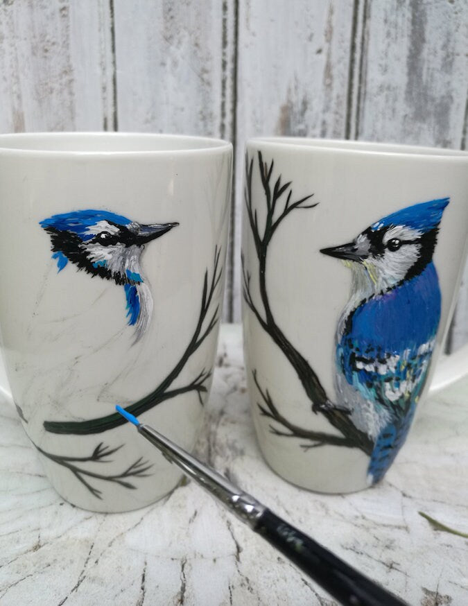 Hand-Painted Blue Jay Mug, Unique Bird Art Coffee Cup, Canada Bird