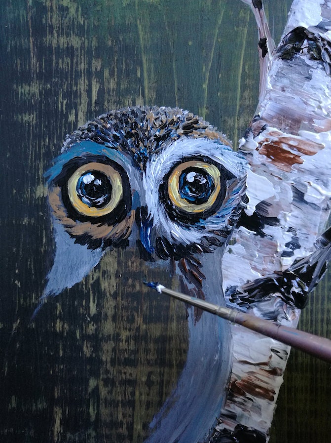 Handmade Owl Acrylic Painting on Wood Sign, Set of 2