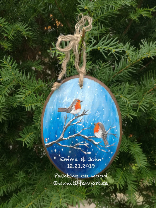 Hand painted Christmas ornament with two robins and couple names
