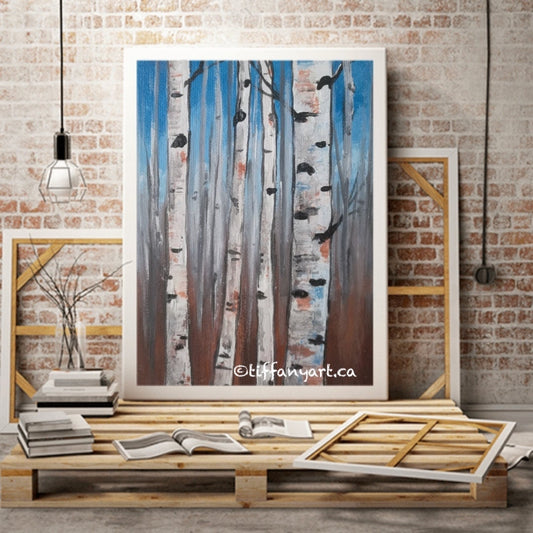 White Birch Aspen Tree Painting on Canvas
