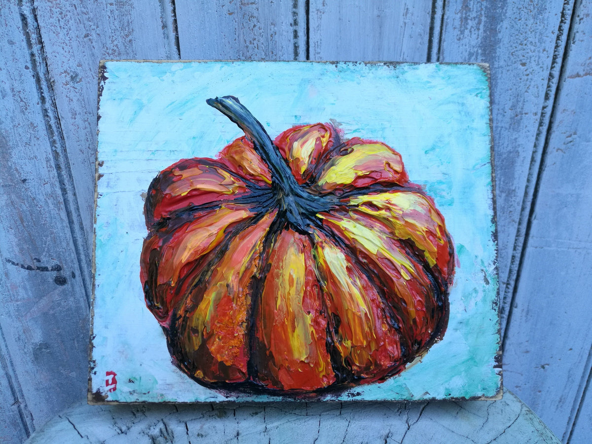 Orange Pumpkin Painting on Wood, 9.25x8"