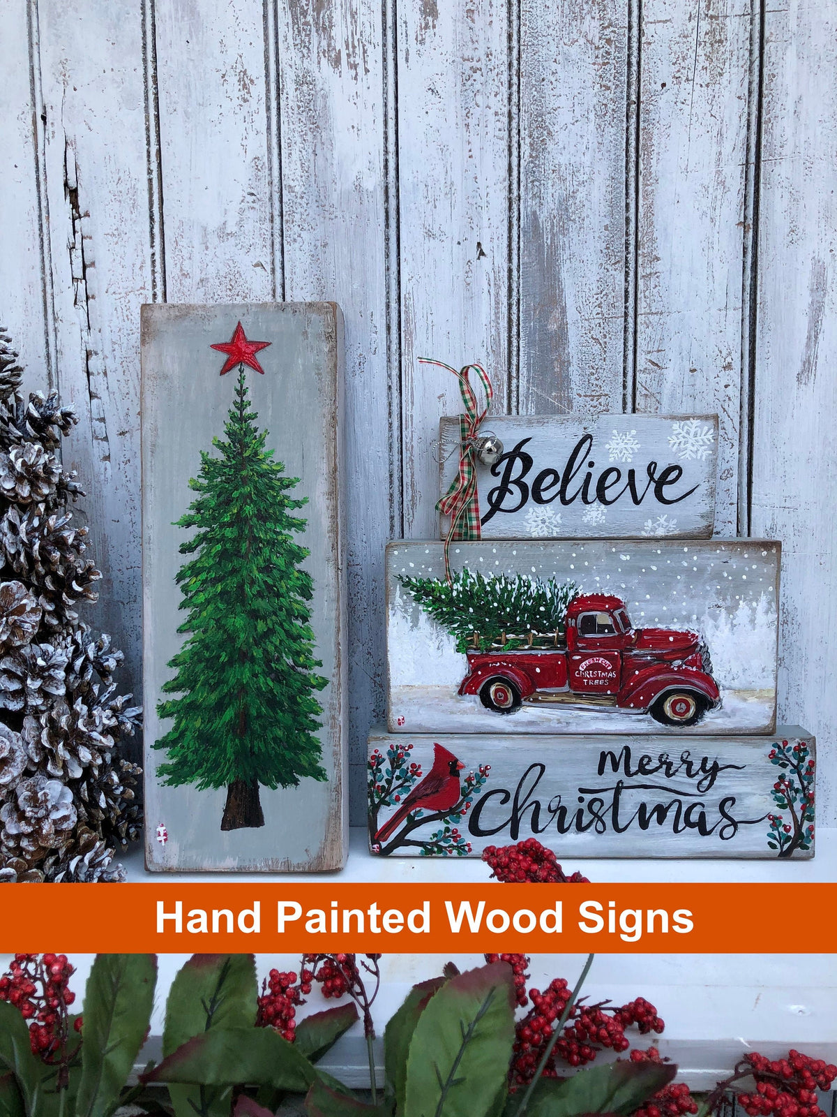 Hand painted Christmas wood sign set of 4 on a mantel