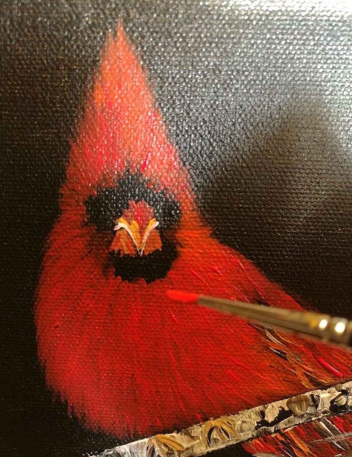 Original Cardinal Acrylic Painting, Christmas Red Bird Art, 6x6
