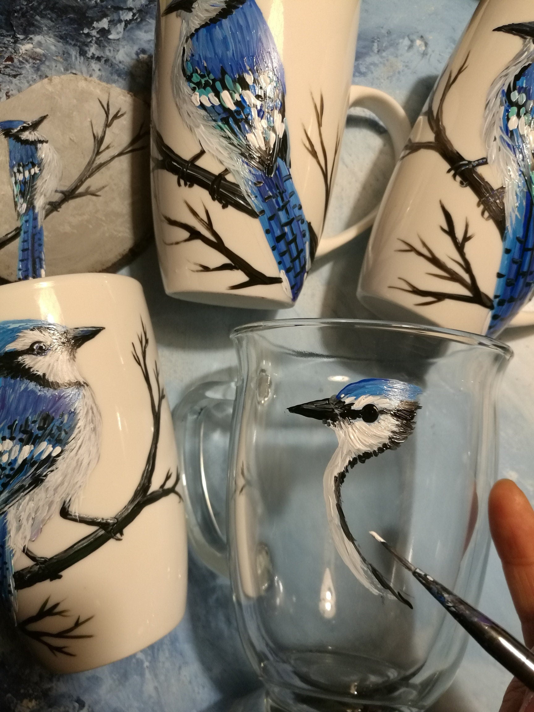 Hand-Painted Blue Jay Mug, Unique Bird Art Coffee Cup, Canada Bird