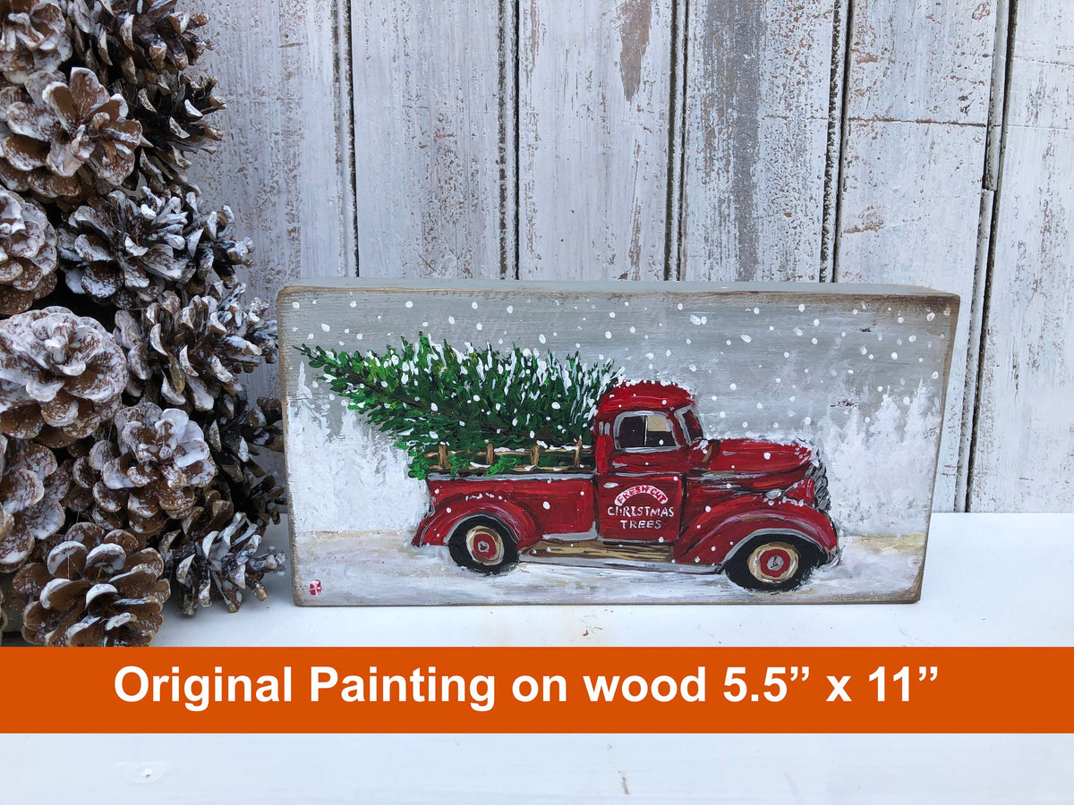 Hand painted red Christmas truck wood sign