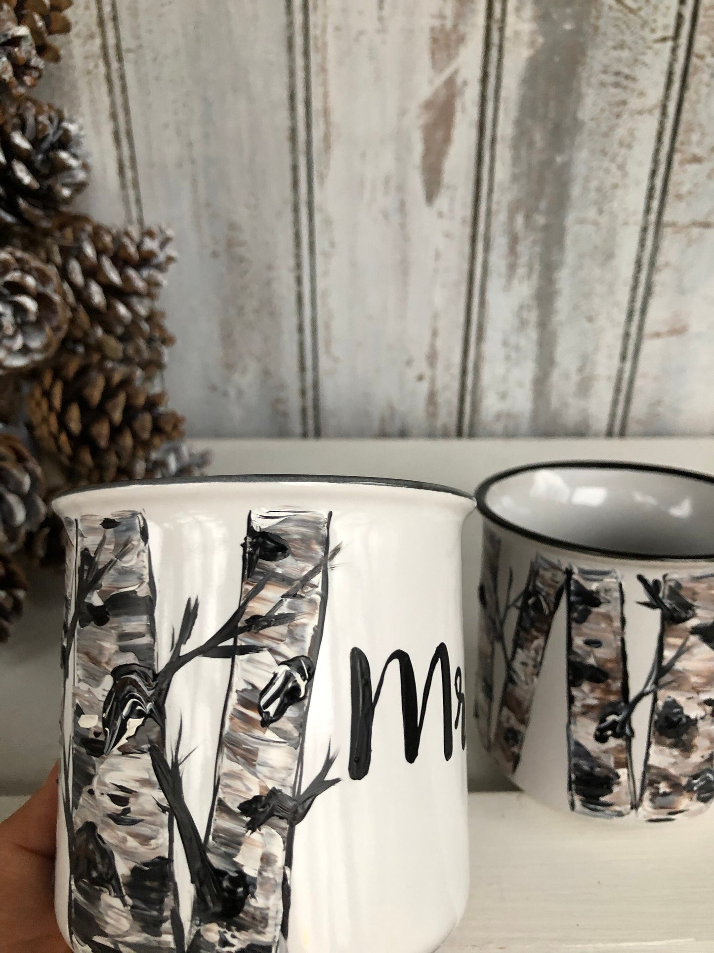 Hand-Painted Birch Tree Mr and Mrs Mugs, Wedding Couple Gift