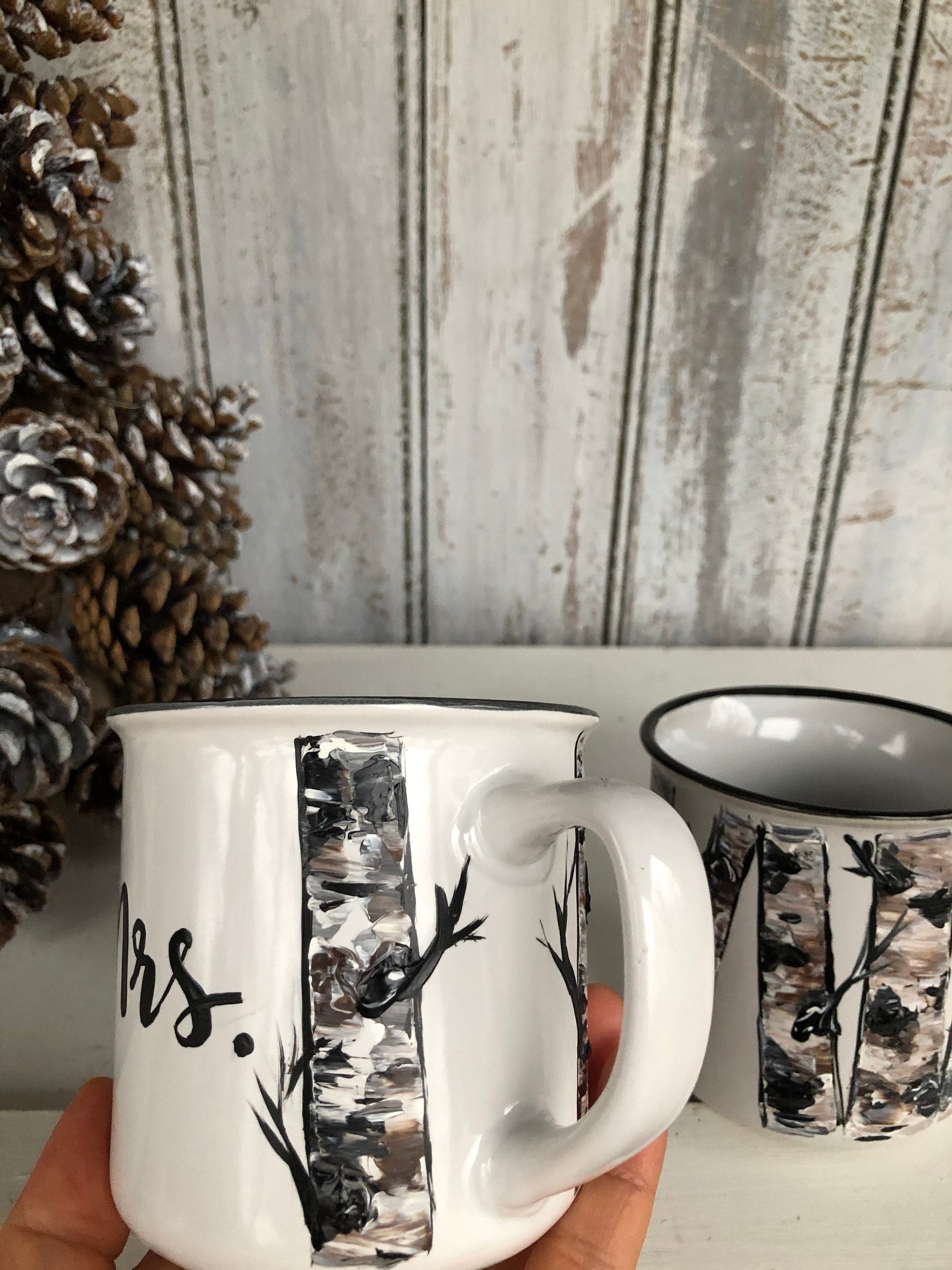 Hand-Painted Birch Tree Mr and Mrs Mugs, Wedding Couple Gift