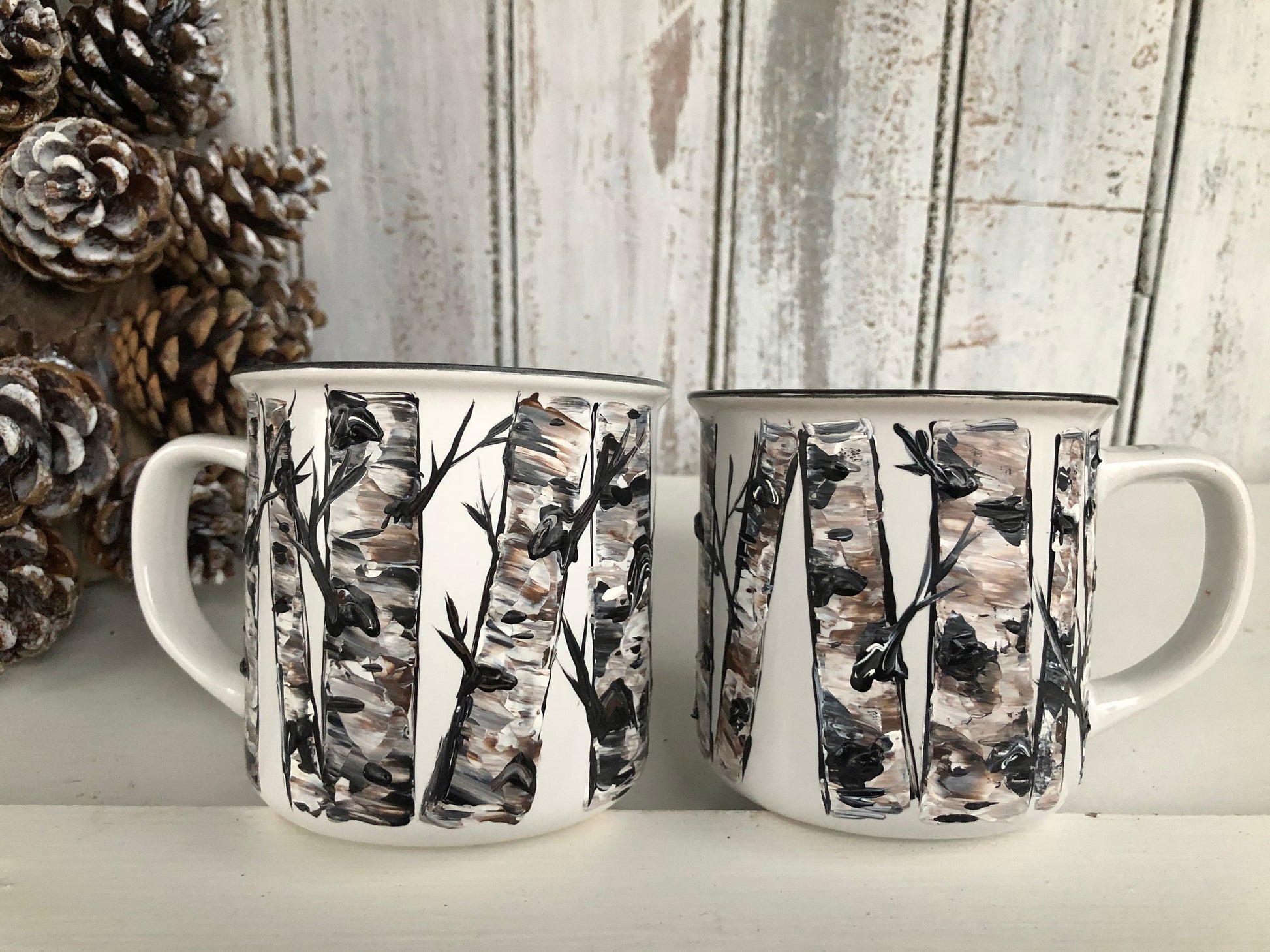 Hand-Painted Birch Tree Mr and Mrs Mugs, Wedding Couple Gift