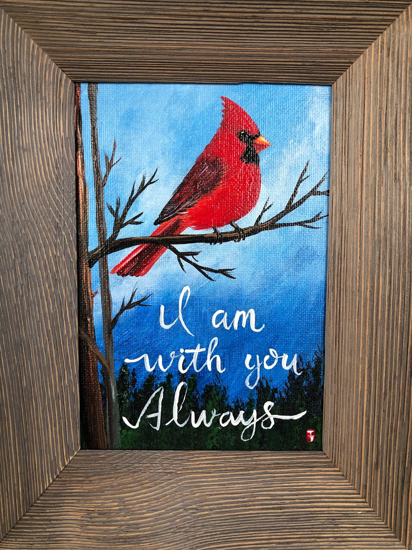 Hand Painted Cardinal Memorial Gift: Framed Acrylic Painting