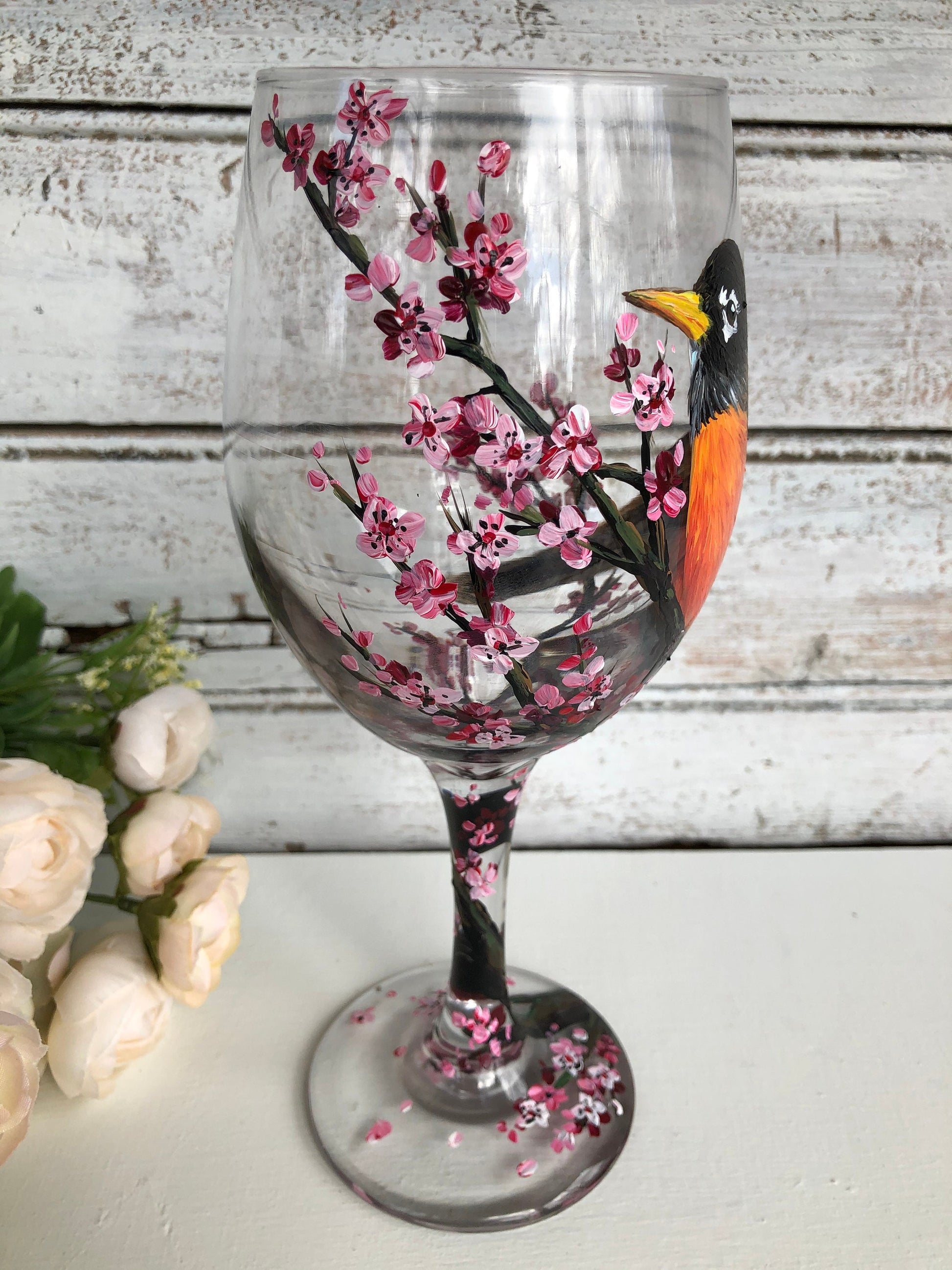 Hand-Painted Robin Wine Glass: State Bird Art