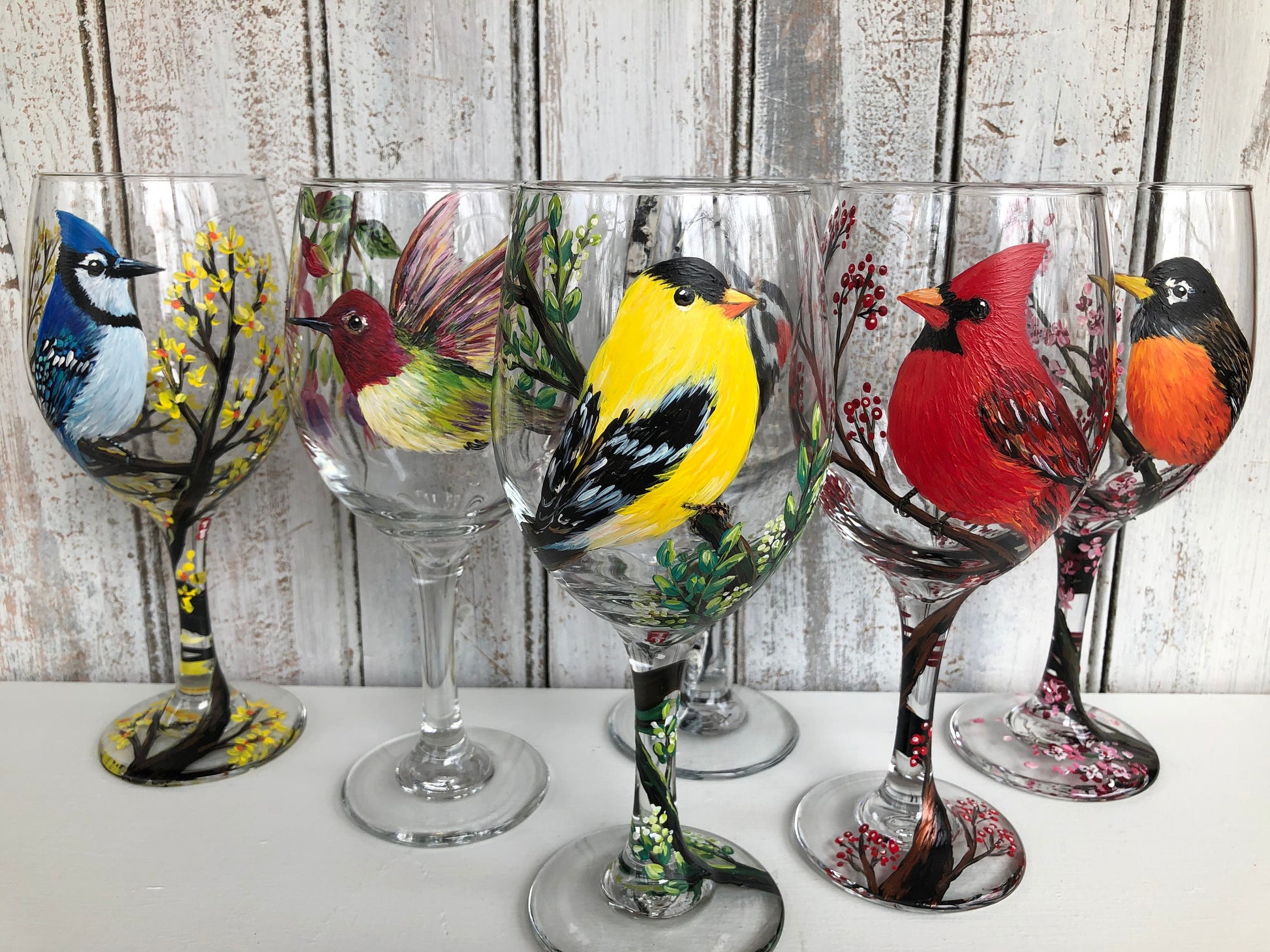Hand Painted Bird Couple Wine Glass, Goldfinch Wine Glass, Custom Love Birds Wedding Gift, Personalized Bird Engagement Anniversary Gift