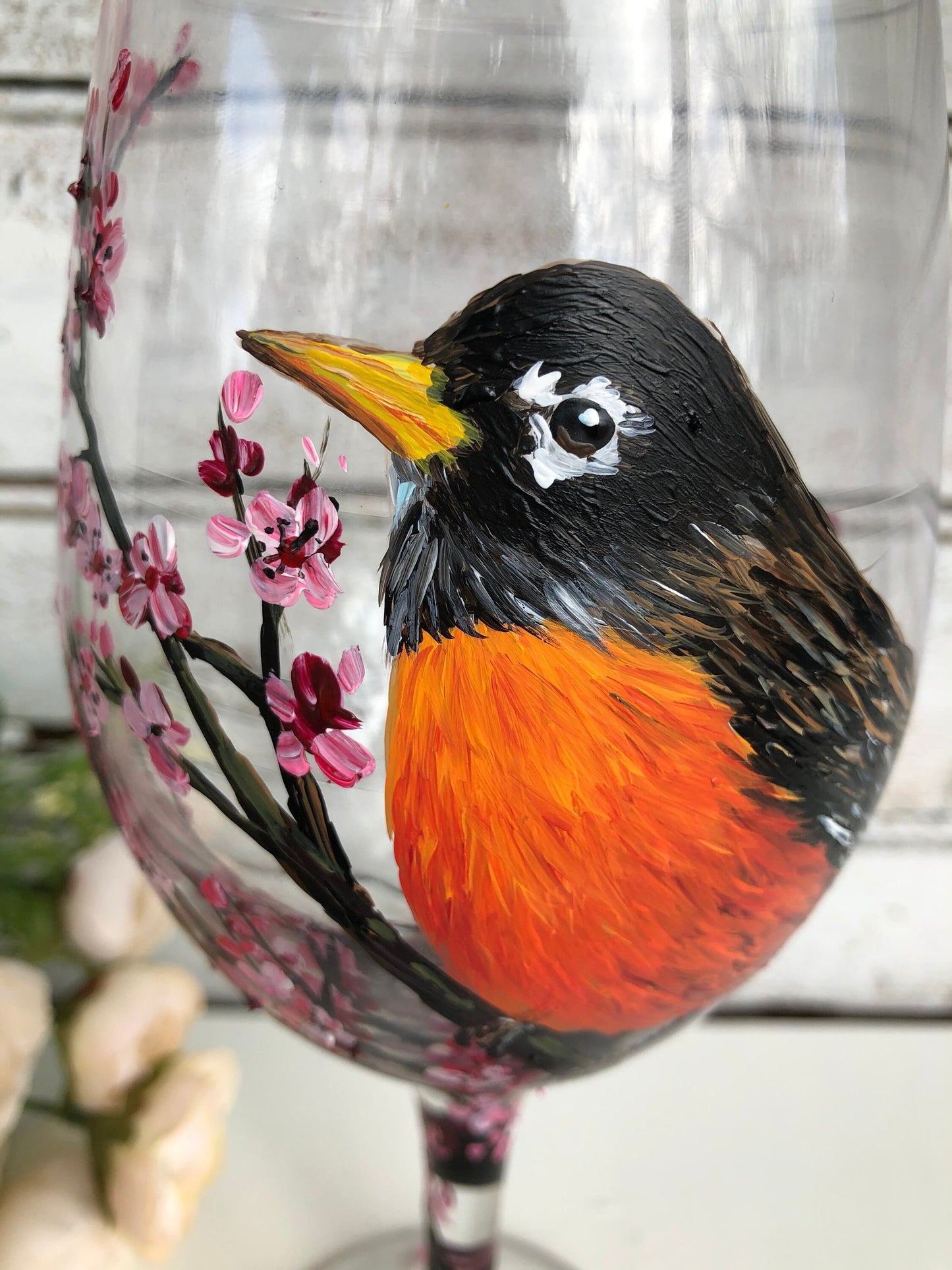Hand-Painted Robin Wine Glass: State Bird Art