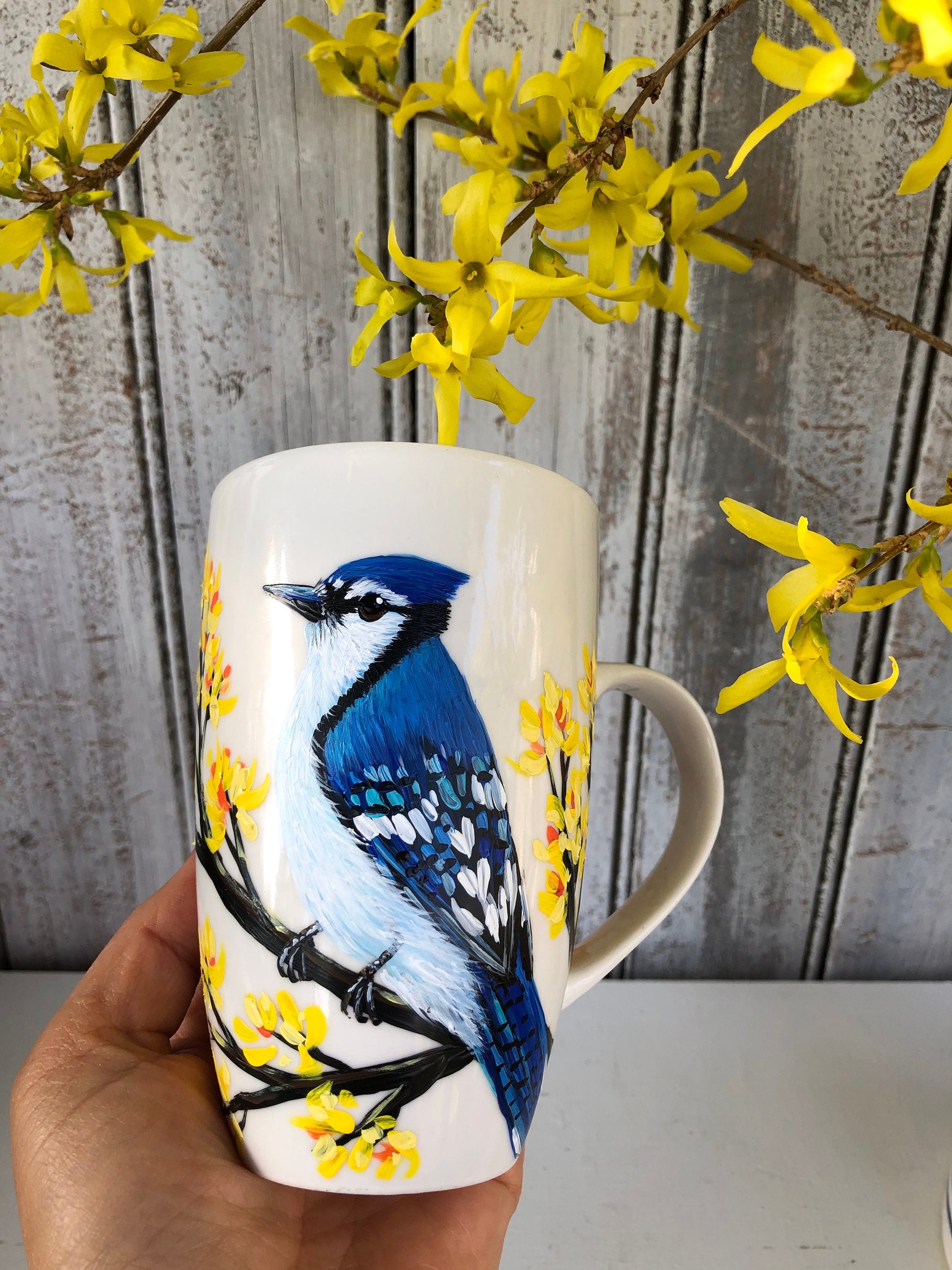 Hand-Painted Blue Jay Mug, Unique Bird Art Coffee Cup, Canada Bird