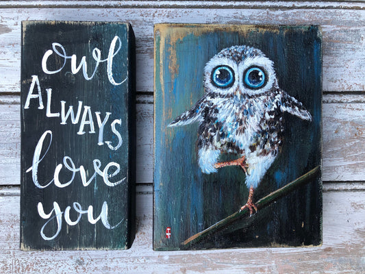 Owl gifts, Owl decor, Owl art, Owl decoration, Owl wall art, Owl painting, Original Owl painting, Owl lover, Owl wall decor, Owl wood sign (Set of 2 - Owl 1)