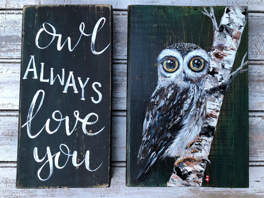 Handmade Owl Acrylic Painting on Wood Sign, Set of 2
