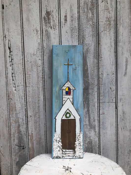 Church painting on wood, Church decor, Christmas decor, Christmas church, Rustic Christmas decor, Church artwork, Church art