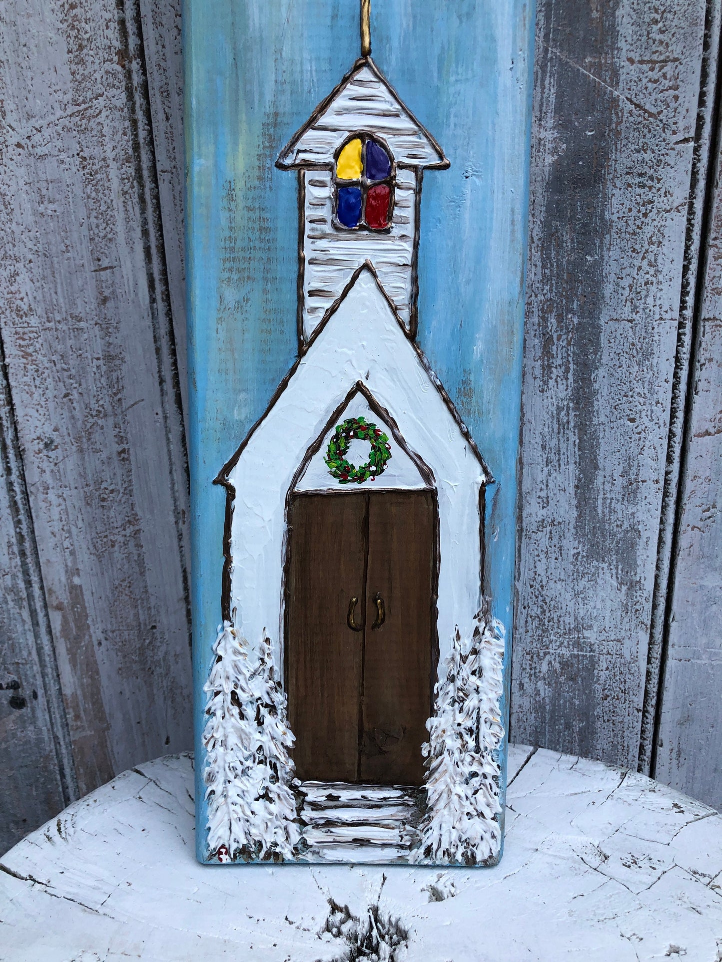 Church painting on wood, Church decor, Christmas decor, Christmas church, Rustic Christmas decor, Church artwork, Church art