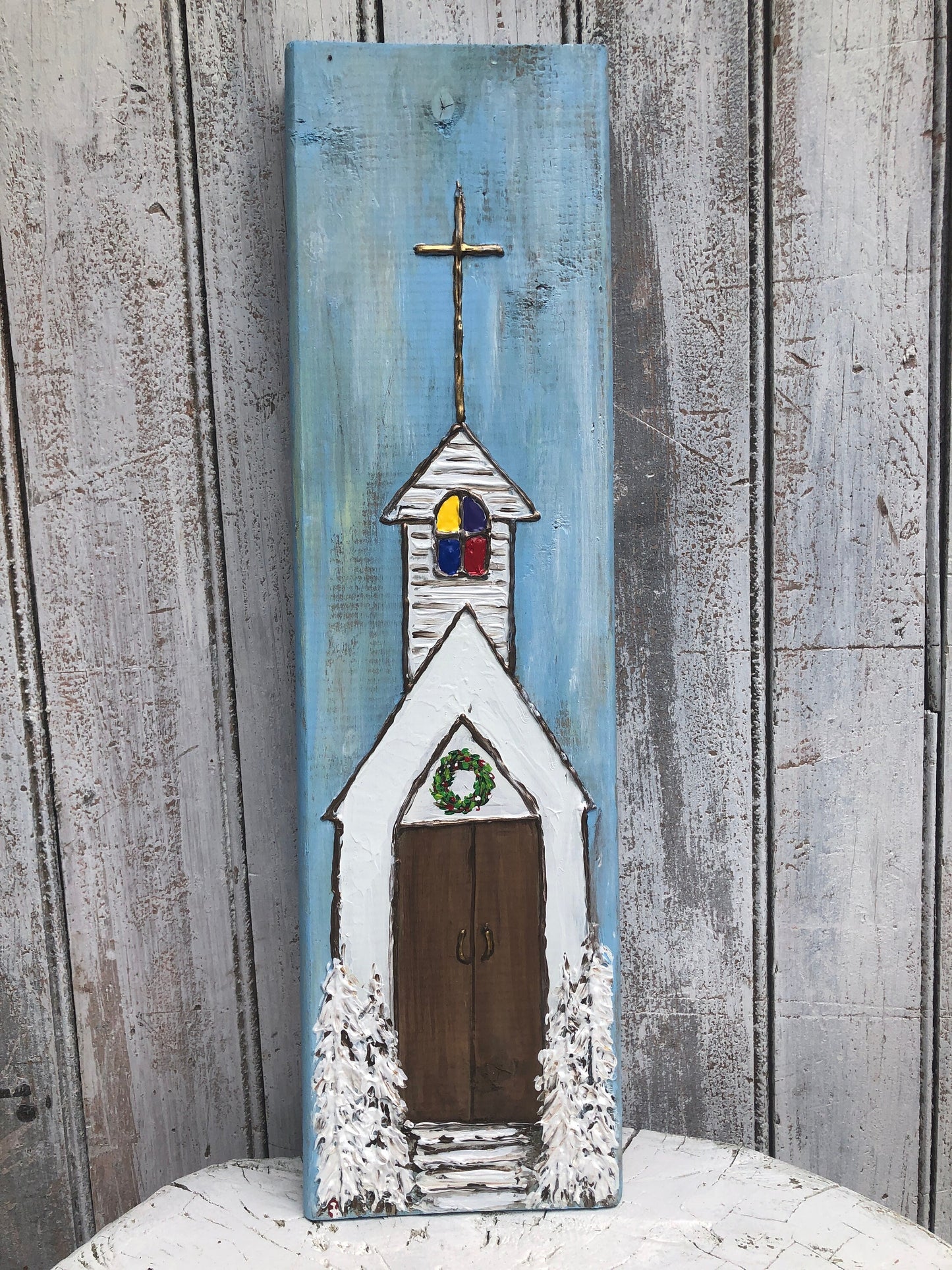 Church painting on wood, Church decor, Christmas decor, Christmas church, Rustic Christmas decor, Church artwork, Church art