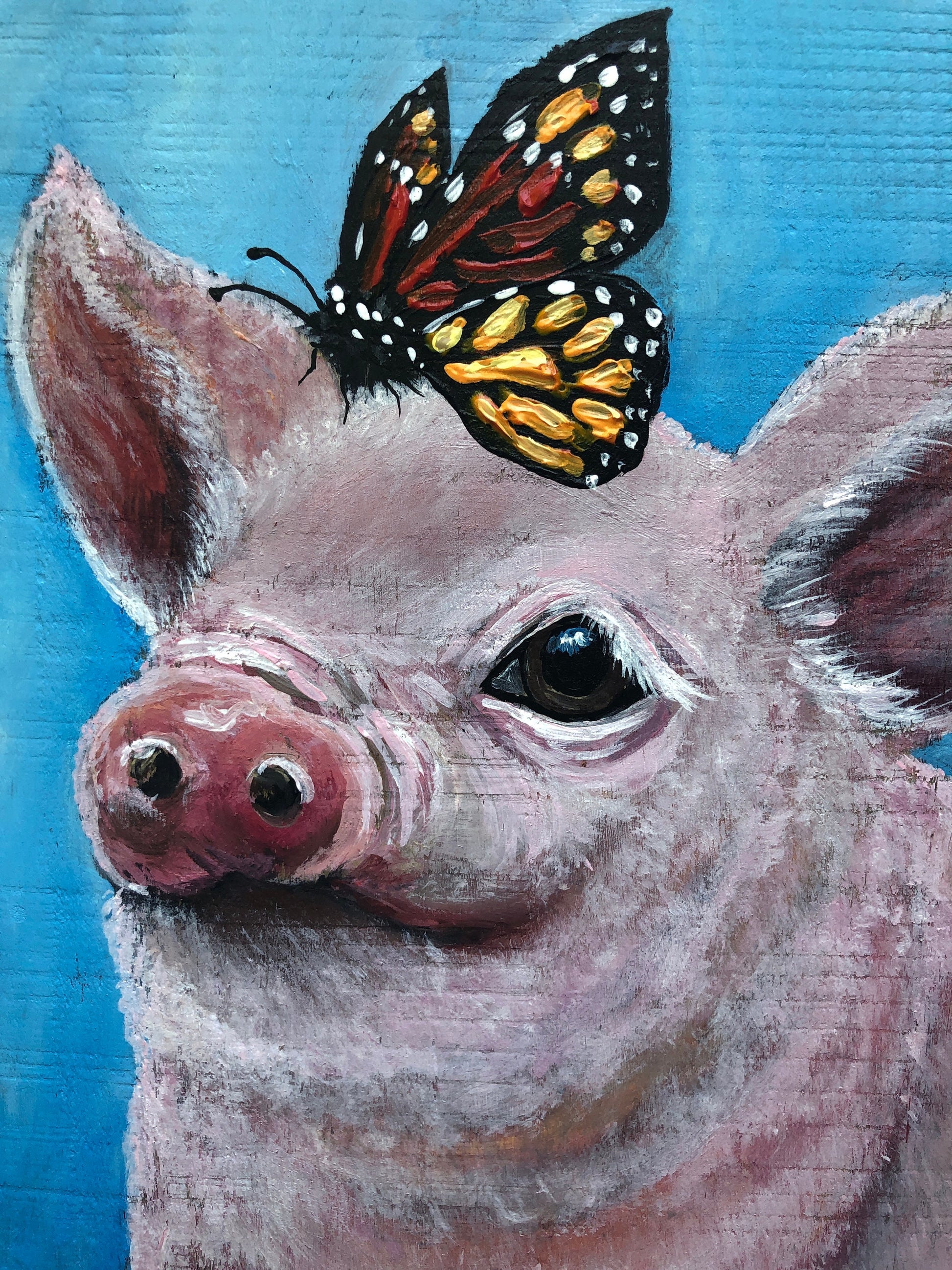 Original Pink Pig Painting on Wood: Farmhouse Kitchen Decor