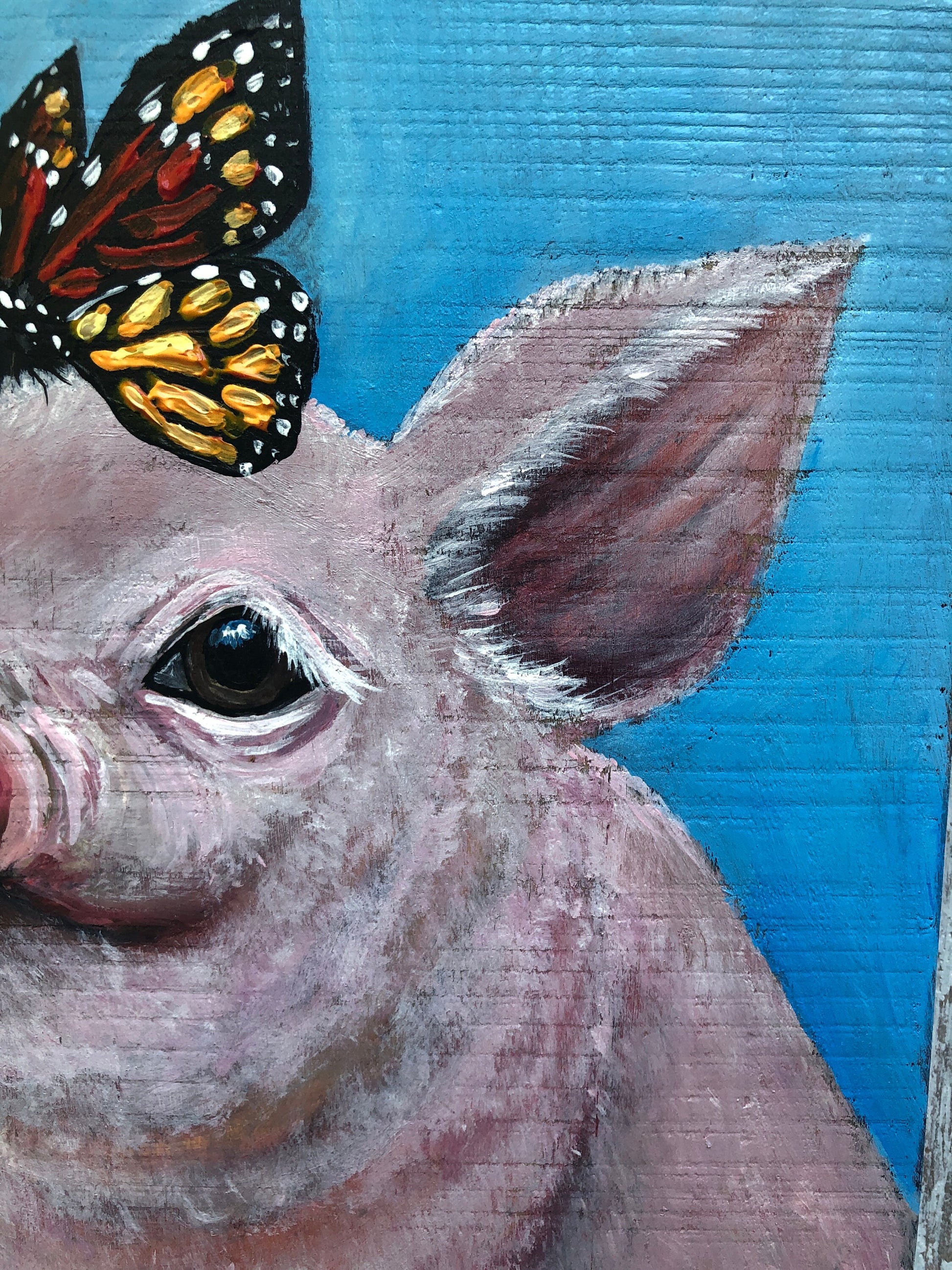Original Pink Pig Painting on Wood: Farmhouse Kitchen Decor
