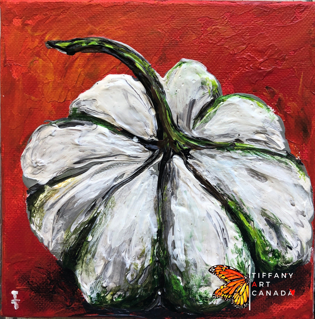 White Pumpkin Painting on Red, 6x6" Canvas