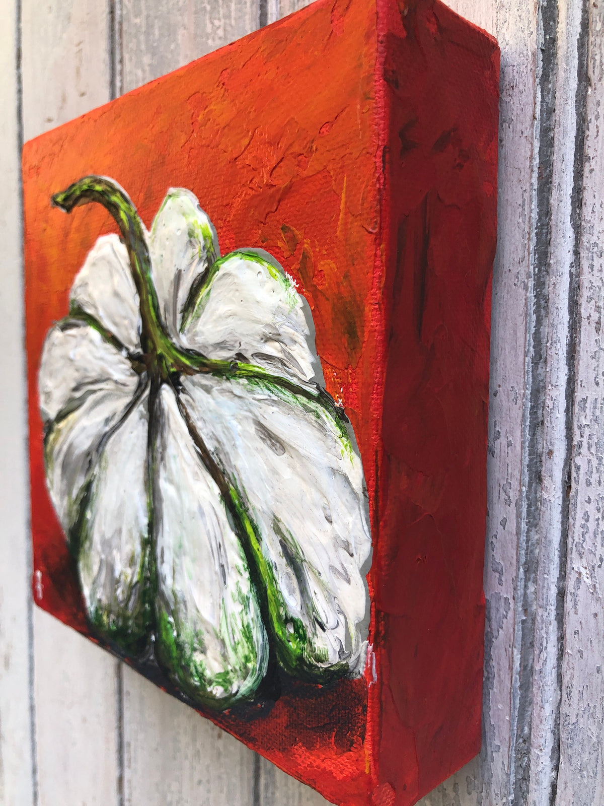 White Pumpkin Painting on Red, 6x6" Canvas